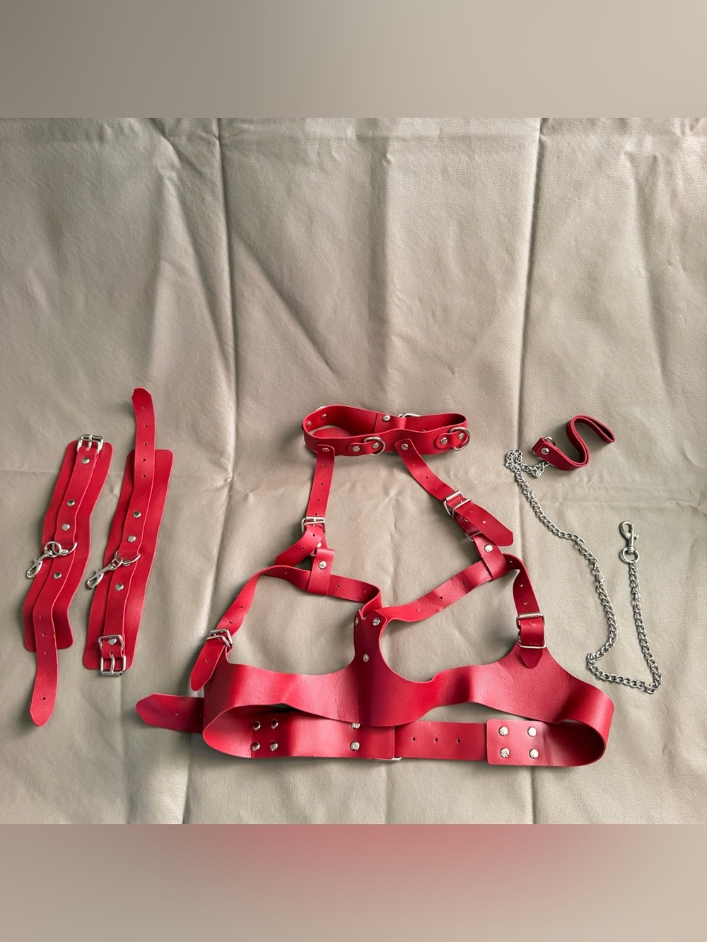 Adjustable Red Faux Leather Harness Set for Women